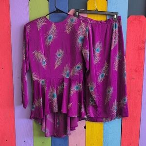 Vintage 70s Silk Purple Peacock Skirt Set